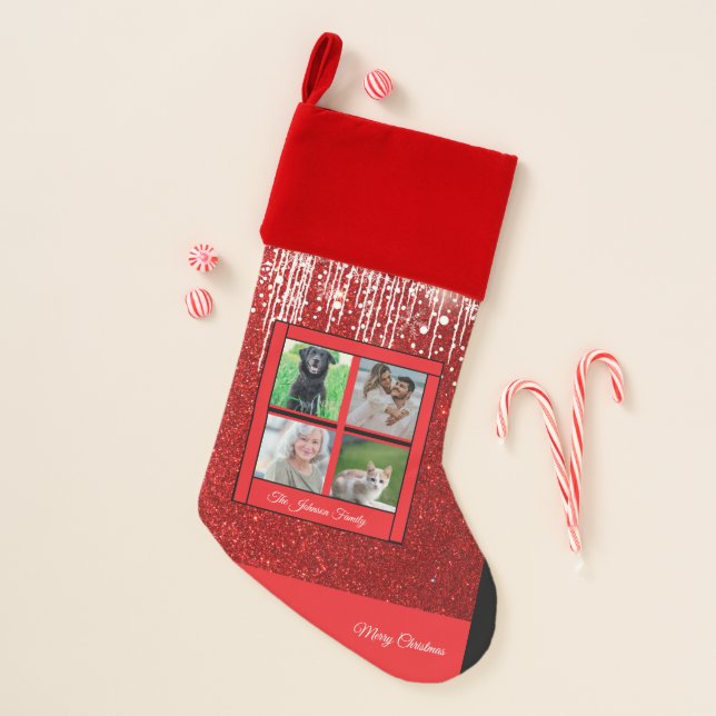 Christmas Family Name Photo Collage Red Christmas Stocking (Front)