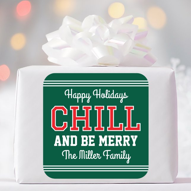 Christmas Family Name Typography Green Red Square Sticker (Creator Uploaded)