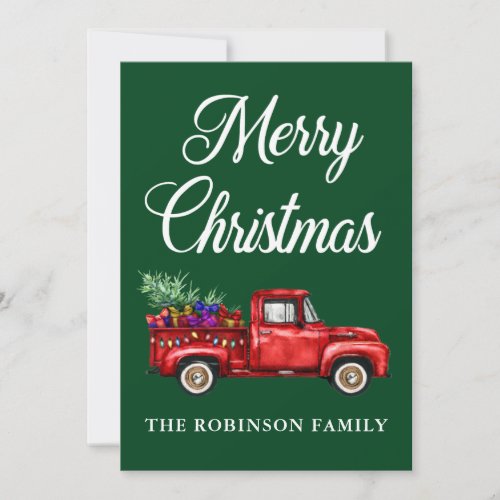 Christmas Family Name Vintage Red Truck Tree Gifts Holiday Card