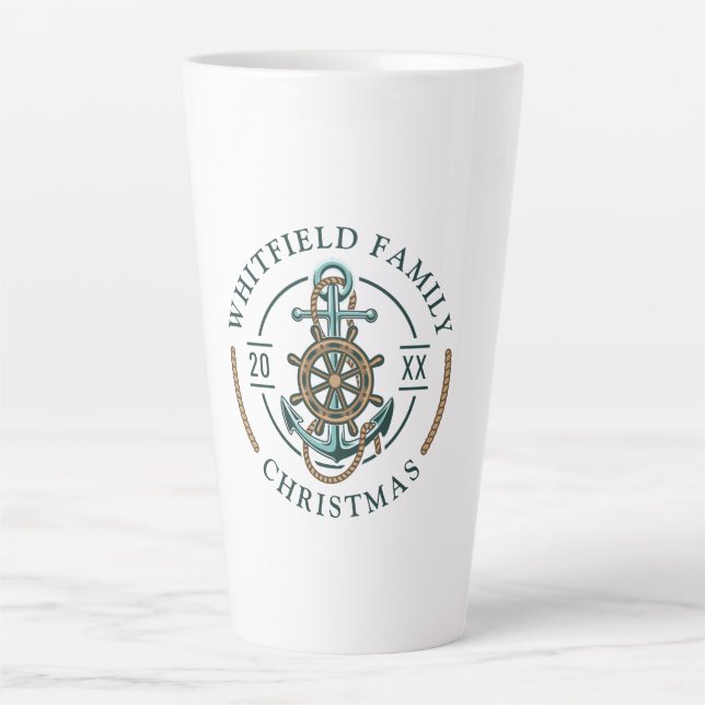 Christmas Family Nautical Boat Holiday Custom Latte Mug (Front)