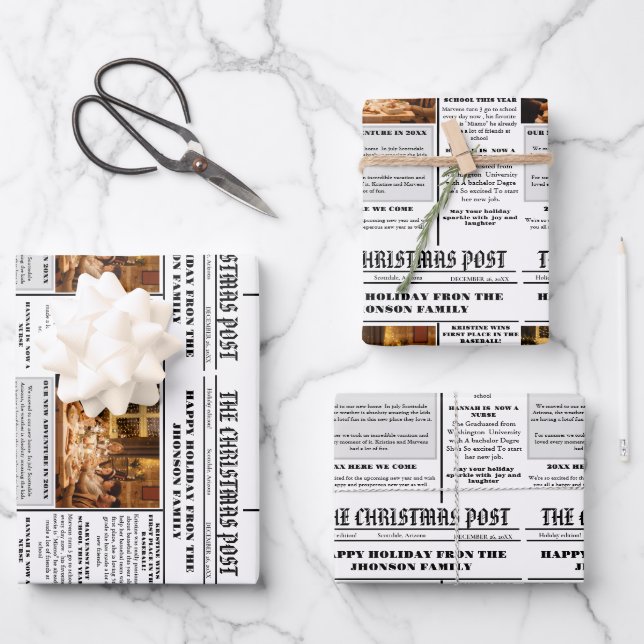 Christmas Family Newspaper + Year In Review Photo  Wrapping Paper Sheets (Front)