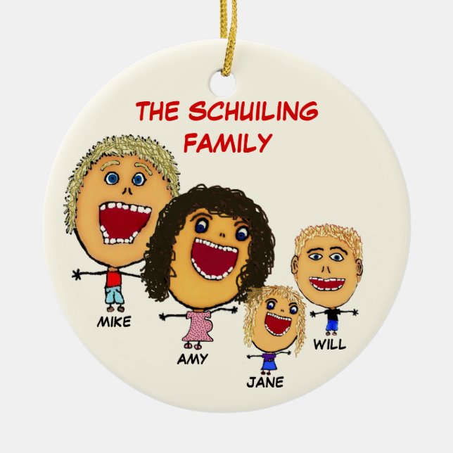 Christmas Family of Four Cartoon with Pregnant Mom Ceramic Ornament (Front)