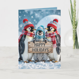 Christmas Family Penguins With a Wooden Sign Card