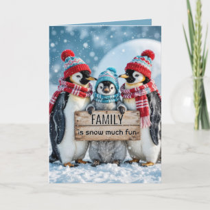 Christmas Family Penguins With a Wooden Sign Card