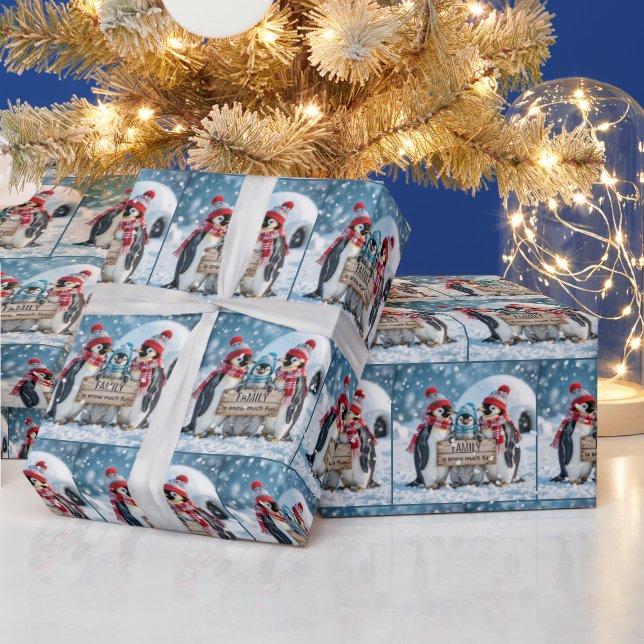 Christmas Family Penguins With a Wooden Sign Wrapping Paper (Holidays)