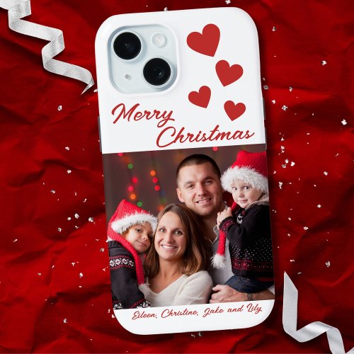 Christmas Family Photo and Red Hearts iPhone 15 Case