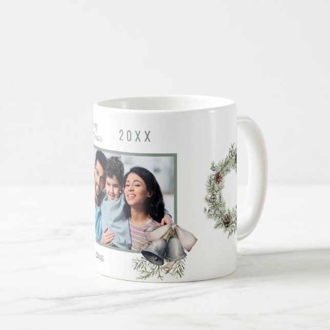 Christmas family photo bells cone pine wreath coffee mug (Front Right)