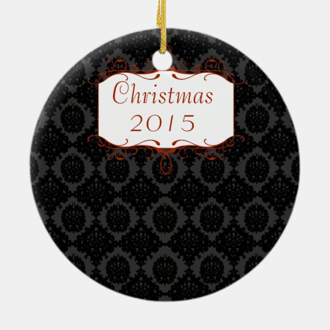 Christmas Family Photo Black & Gray Damask Ceramic Ornament (Back)