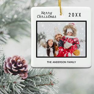 Christmas family photo black white elegant ceramic ornament