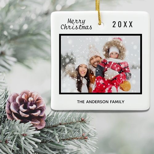 Christmas family photo black white elegant ceramic ornament