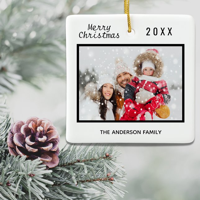 Christmas family photo black white elegant ceramic ornament (Creator Uploaded)