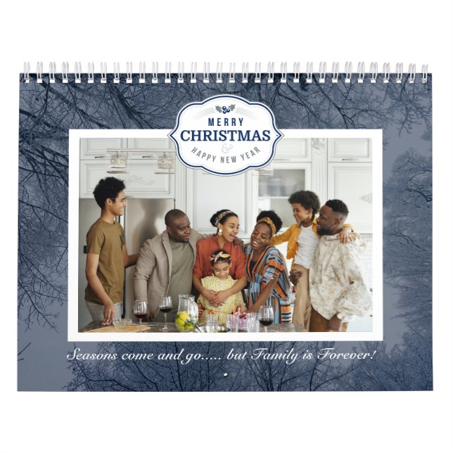 Christmas Family Photo Blue Gray Quote Text Calendar (Cover)