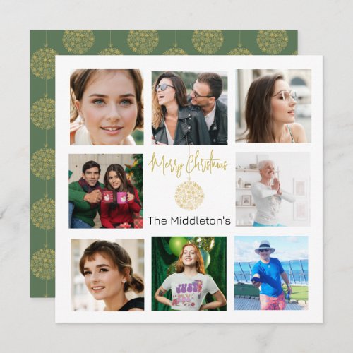 Christmas Family Photo Collage Gold Green  Holiday Card