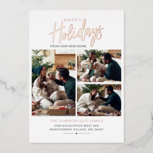 Christmas Family Photo Collage New Home Rose Gold Foil Holiday Card