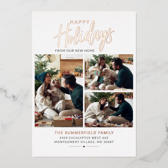 Christmas Family Photo Collage New Home Rose Gold Foil Holiday Card (Front)