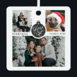 Christmas Family Photo Collage Ornament<br><div class="desc">A festive 3 photo family photo collage ornament,  featuring the family during the holiday with their new puppy. The center displays an ornament of your family and your new Christmas puppy. Add your own adorable photos of the celebration. Customize with your photos on both sides.</div>