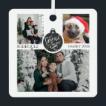 Christmas Family Photo Collage Ornament<br><div class="desc">A festive 3 photo family photo collage ornament,  featuring the family during the holiday with their new puppy. The center displays an ornament of your family and your new Christmas puppy. Add your own adorable photos of the celebration. Customize with your photos on both sides.</div>