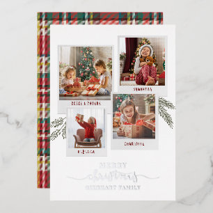Christmas Family Photo Collage Plaid Rustic Silver Foil Holiday Card