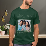 Christmas family photo cone pine name T-Shirt<br><div class="desc">Personalize and add your own family photo. A green frame decorated with a cone and pine greenery.  Add your family name and year.</div>