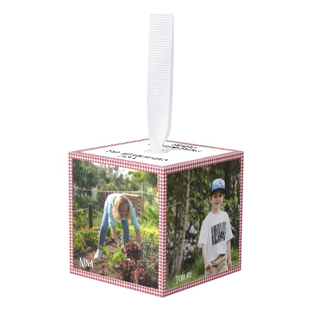 Christmas Family Photo Cube 5 Photo's, Red Cube Ornament (Front Angled)