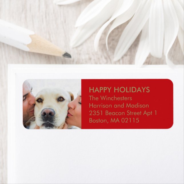 Christmas family photo custom modern red gold label (Insitu)