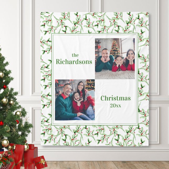 Christmas Family Photo Fleece Blanket (christmas family photo keepsake blanket with mistletoe background, cozy personalized christmas gift)