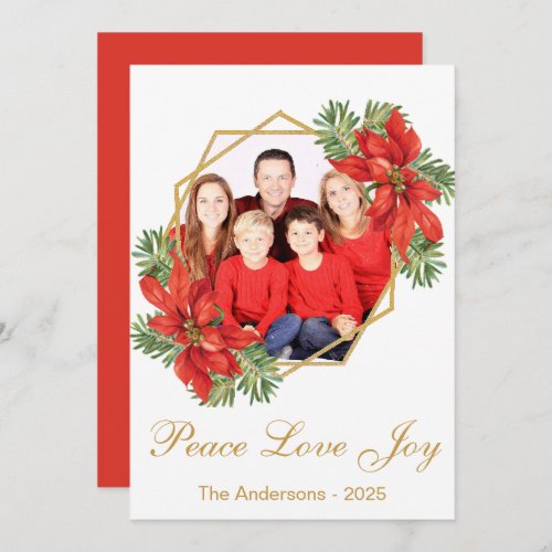 Christmas Family Photo Floral Gold Red Poinsettia Holiday Card