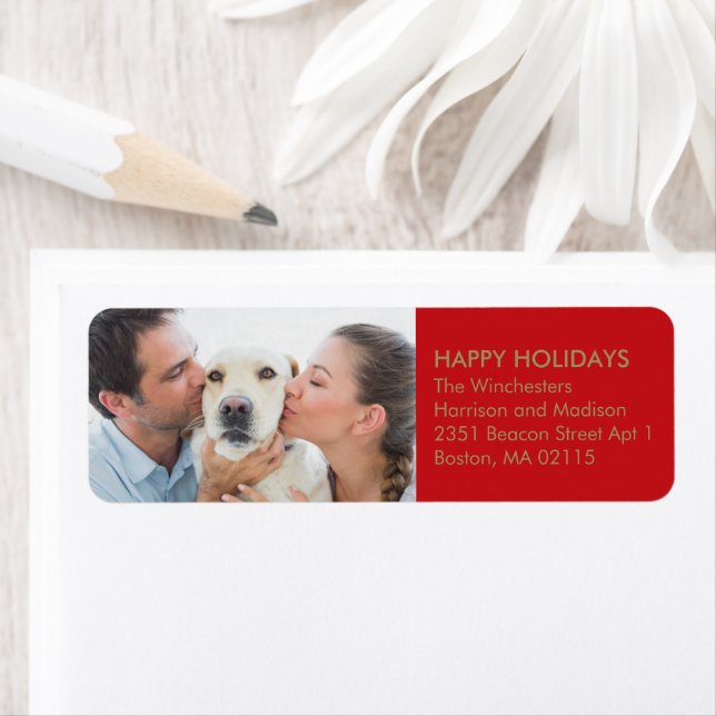 Christmas family photo gold red custom modern label (Insitu)