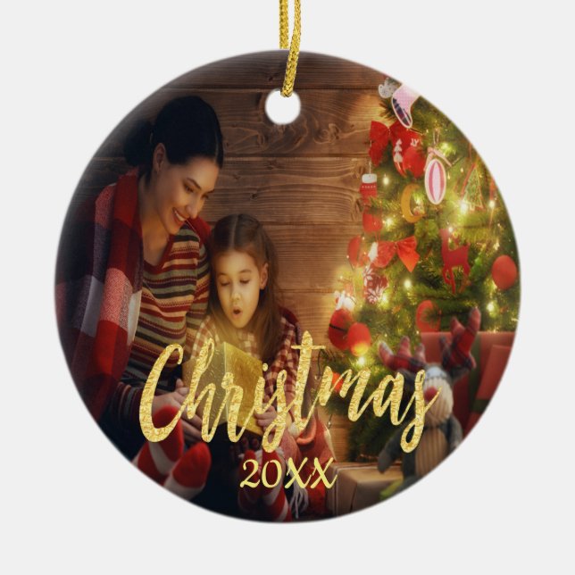 Christmas family photo gold script ceramic ornament (Front)