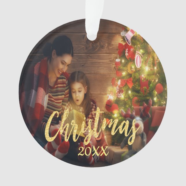 Christmas family photo gold script ornament (Front)