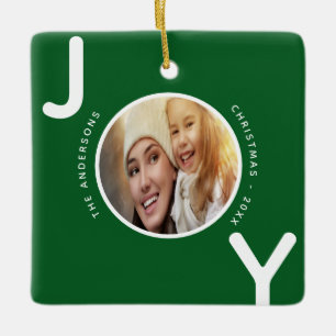 Christmas family photo green joy modern ceramic ornament