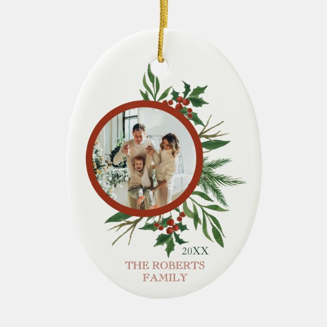 Christmas Family Photo Holly Wreath Oval Ceramic Ornament (Front)