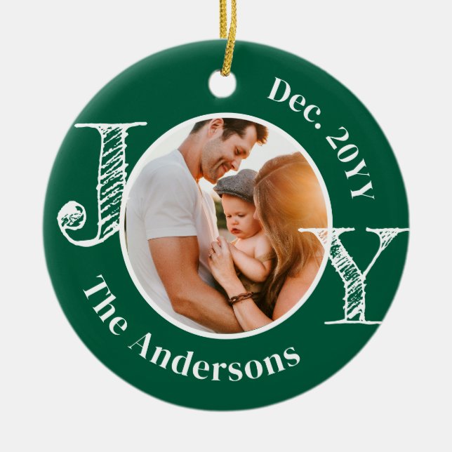 Christmas Family Photo Joy Modern Minimalist  Ceramic Ornament (Front)