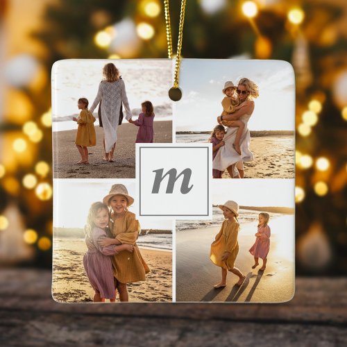 Christmas Family Photo Modern Minimalist Monogram Ceramic Ornament