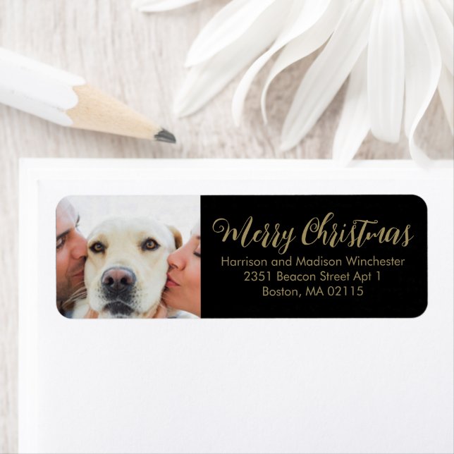 Christmas family photo modern script black gold label (Insitu)