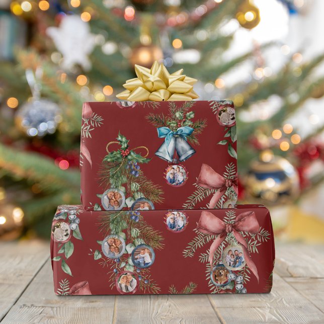 Christmas Family Photo Ornaments Red Wrapping Paper (Creator Uploaded)