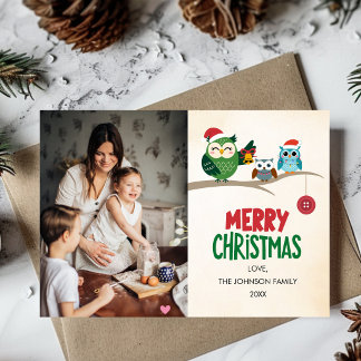 Christmas Family Photo Owls Colorful Modern Cute Holiday Card