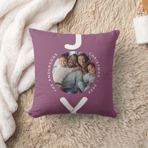 Christmas family photo plum purple joy throw pillow
