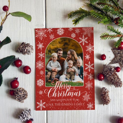 Christmas Family Photo Post Card  Festive Red