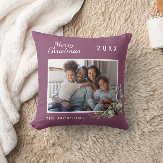 Christmas family photo purple cone pine name throw pillow (Blanket)