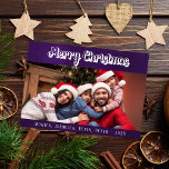 Christmas family photo purple white script modern holiday card<br><div class="desc">Personalize and add your own family photo. A purple background,  white text.  The purple color is uneven. Add your names.</div>