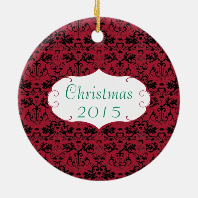 Christmas Family Photo Red Chandelier #2 Damask Ceramic Ornament (Back)