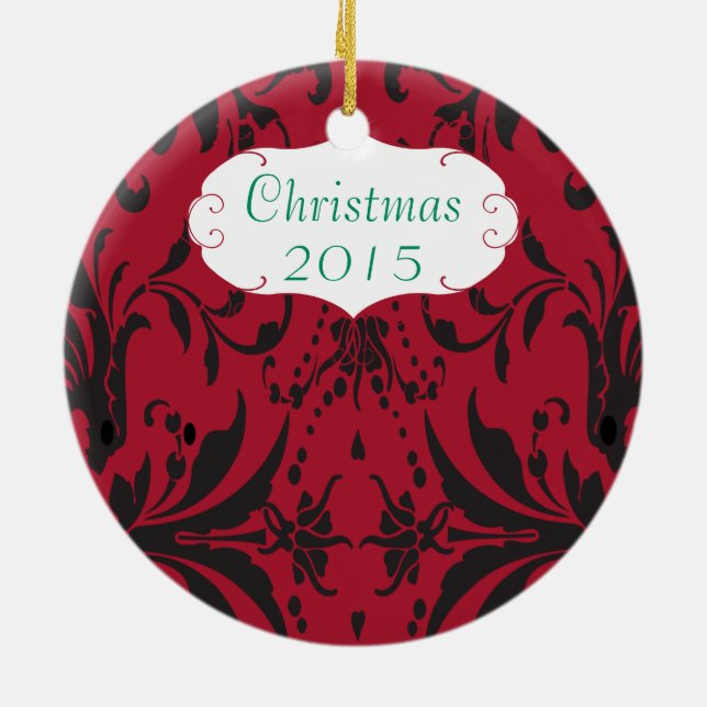 Christmas Family Photo Red Chandelier #3 Damask Ceramic Ornament (Back)