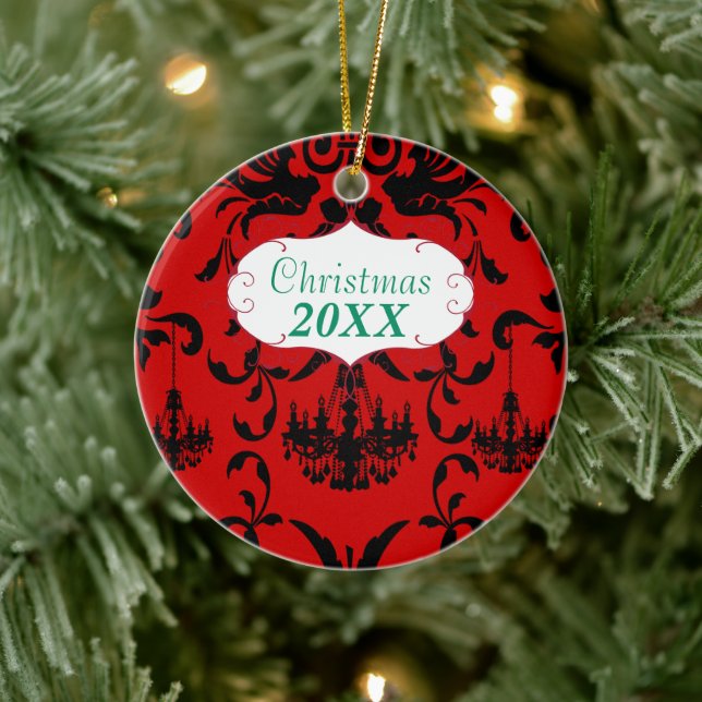Christmas Family Photo Red Chandelier #3 Damask Ceramic Ornament (Tree)