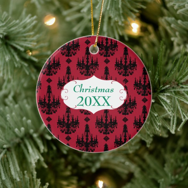 Christmas Family Photo Red Chandelier #4 Damask Ceramic Ornament (Tree)