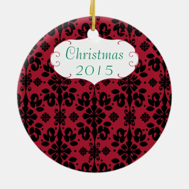Christmas Family Photo Red Chandelier #4 Damask Ceramic Ornament (Back)