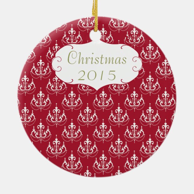 Christmas Family Photo Red Chandelier #5 Damask Ceramic Ornament (Back)