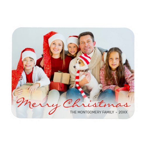Christmas Family Photo Red Monogram Minimalist Magnet