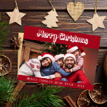 Christmas family photo red white script modern holiday card<br><div class="desc">Personalize and add your own family photo. Red background,  white text.  Add your names.</div>