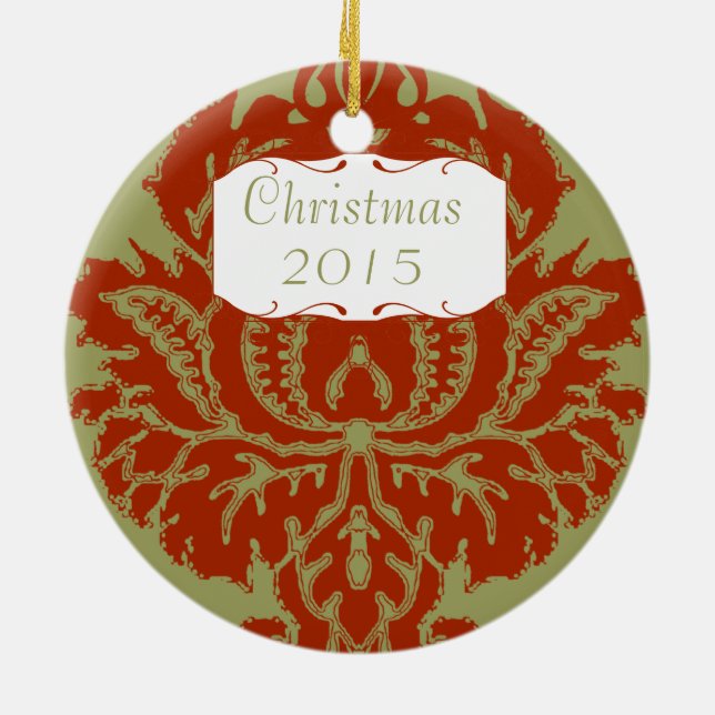 Christmas Family Photo Russet Red Big Damask Ceramic Ornament (Back)